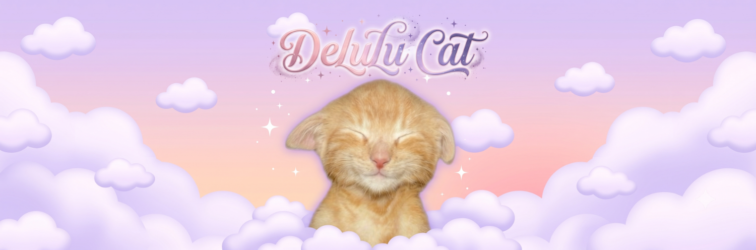 Delulu Cat, a small orange kitten smiling asleep in pastel clouds